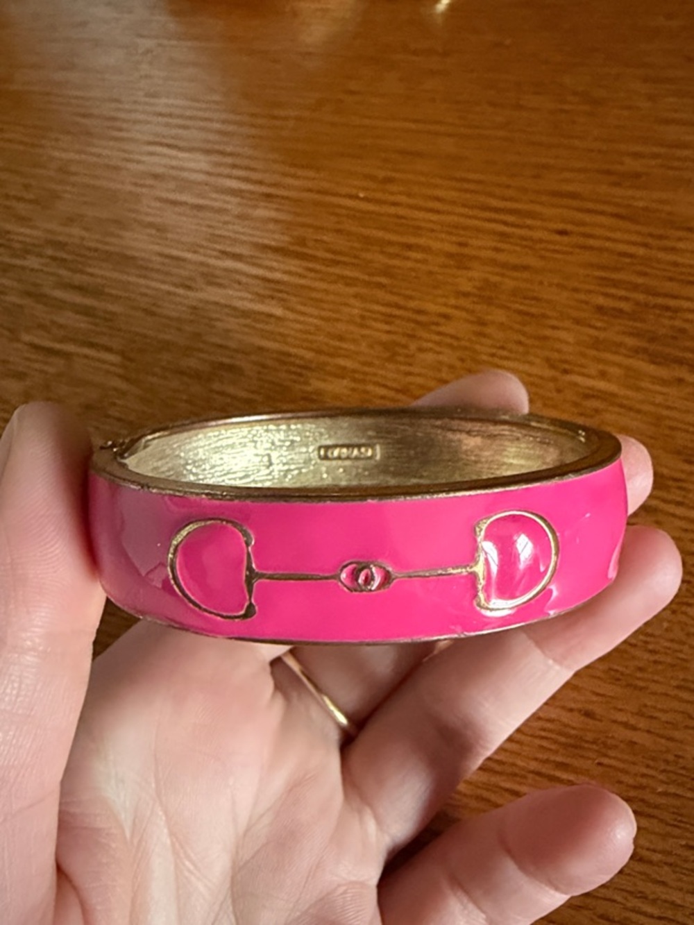 Gold-Tone Horsebit Accent Pink Enamel Bangle Bracelet - Picture 2 of 4